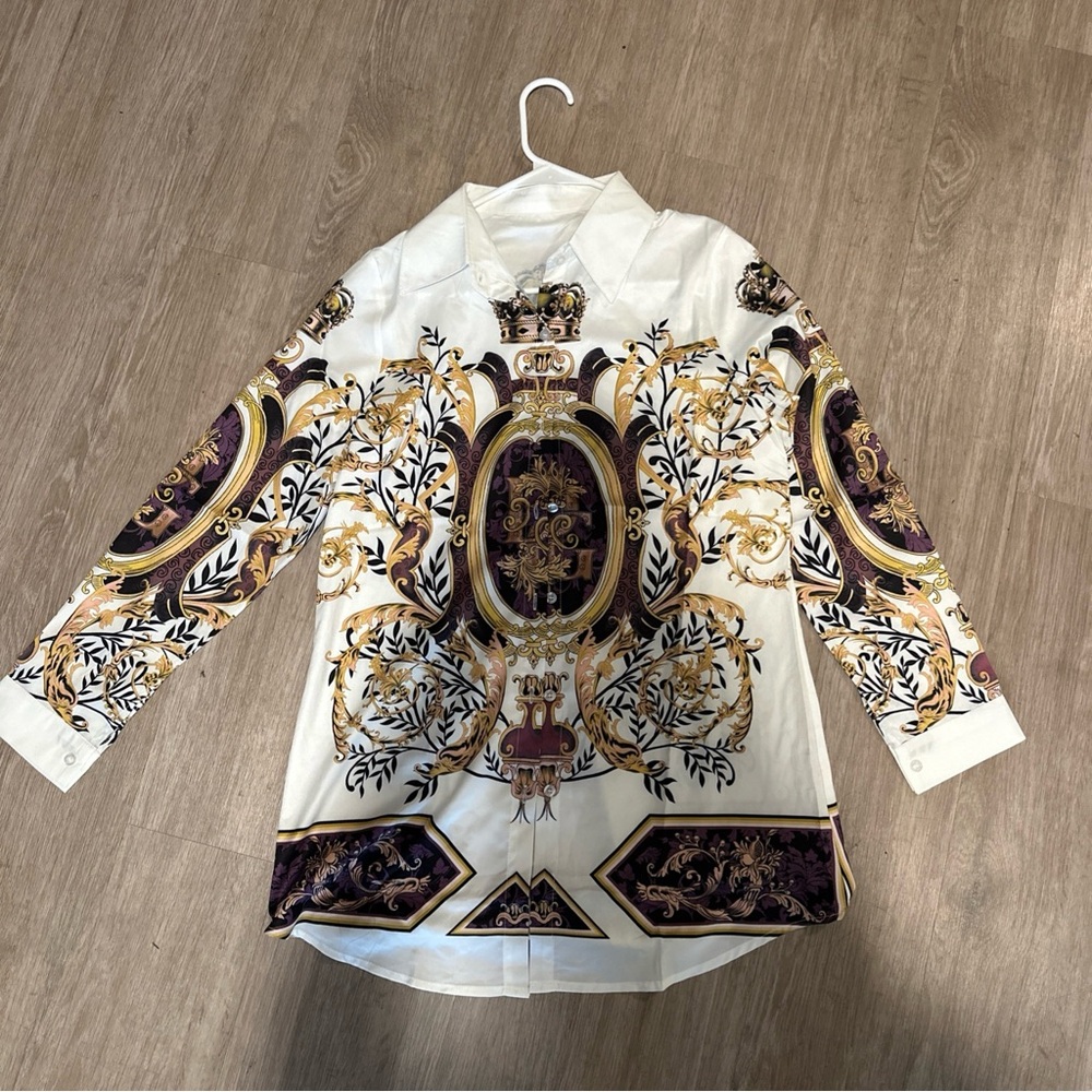Ornate Long Sleeve Shirt with Gold and Purple Design